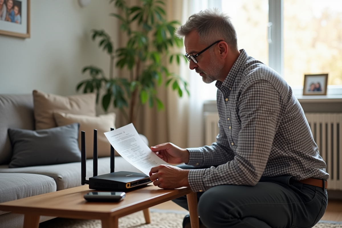 Homme vérifiant un routeur WiFi avec guide IP à la maison