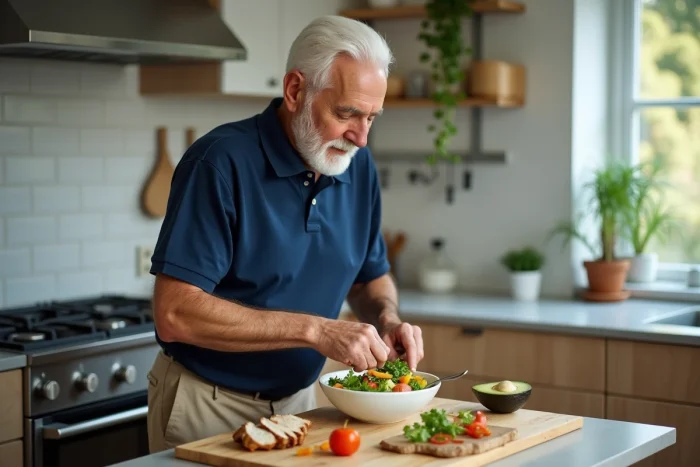 Homme senior de 74 ans préparant un repas sain et équilibré dans sa cuisine pour réduire la graisse abdominale après 70 ans