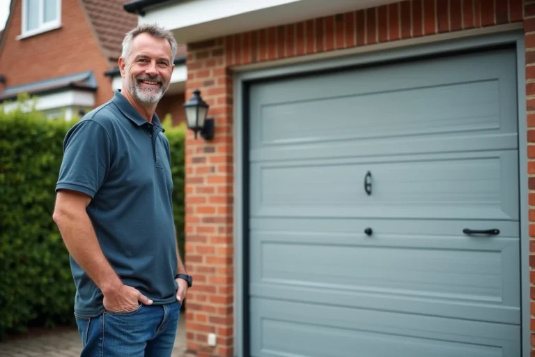 Homme souriant examine une porte de garage moderne