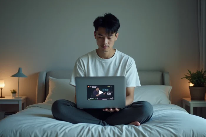 Homme regardant des films gratuits en streaming sur un ordinateur portable dans sa chambre