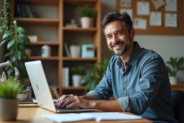 Homme concentré travaillant sur son ordinateur à domicile