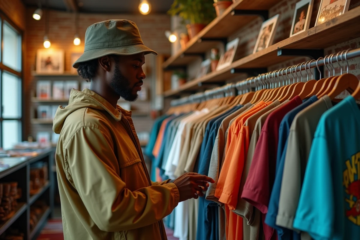 Homme noir en veste 90s dans boutique streetwear