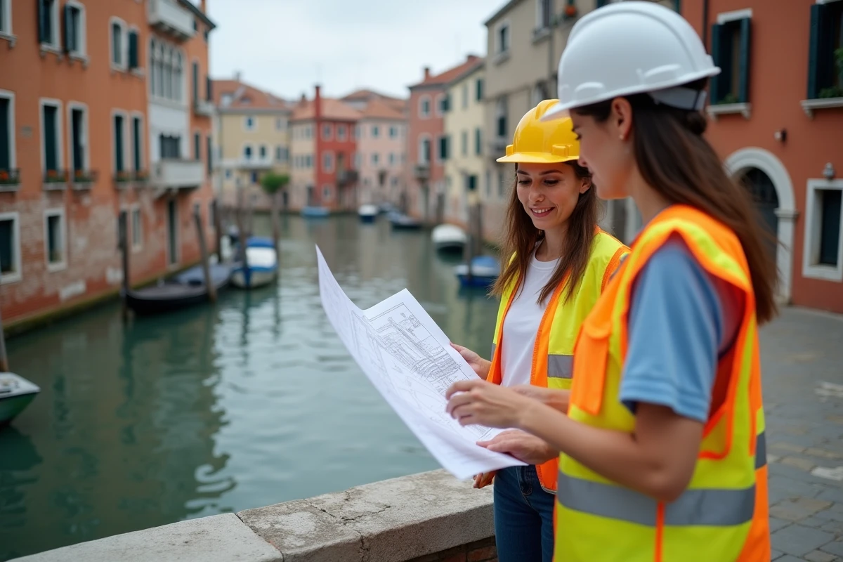 Deux ingénieures discutant de plans de canal à Venise