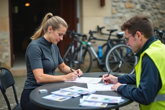 Femme cycliste s'inscrivant à une randonnée cycliste libre sans club ni licence auprès d'un bénévole devant une salle des fêtes