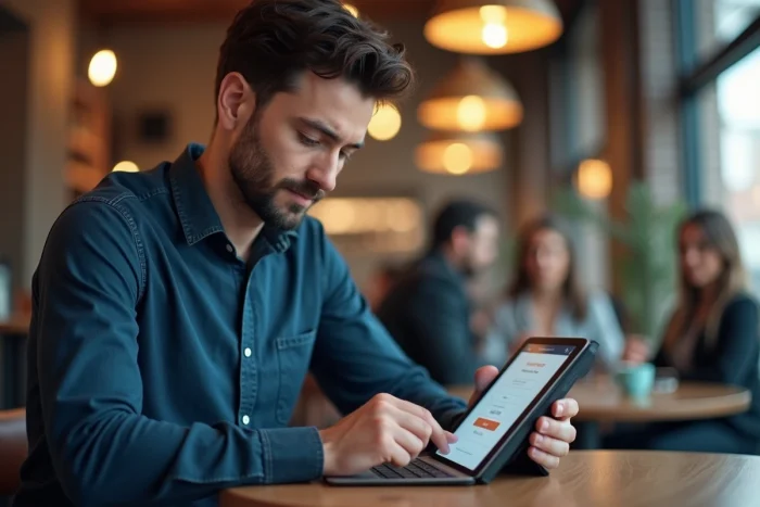 Homme utilisant une tablette pour s'inscrire sur une plateforme en ligne dans un café