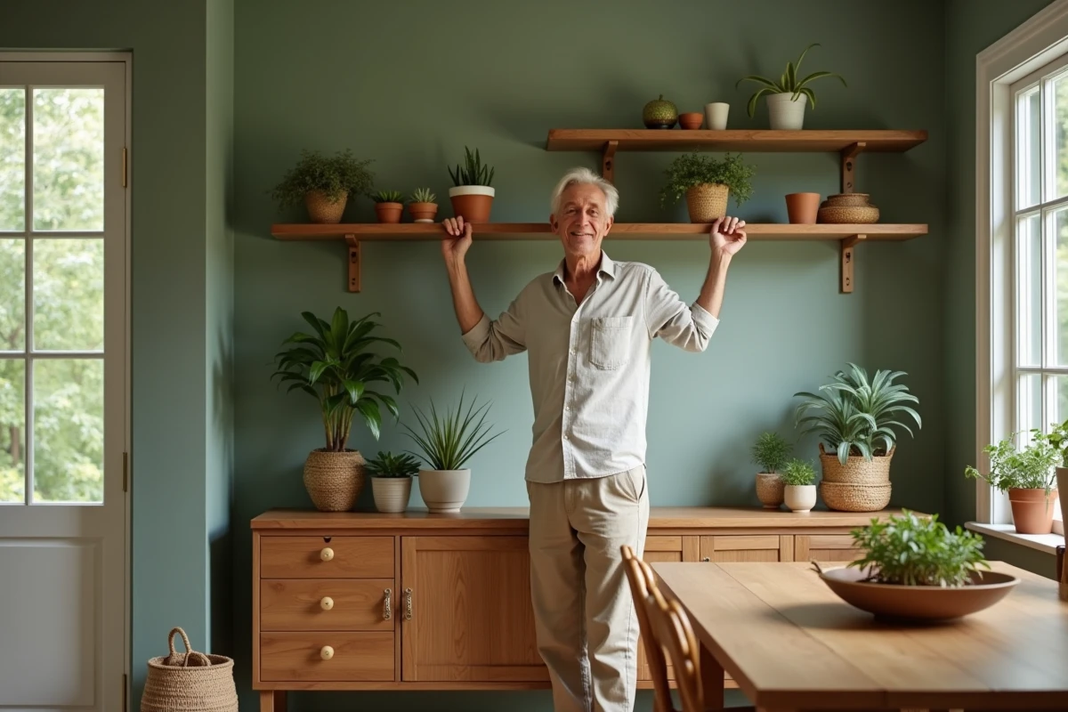 Homme âgé installant des étagères en bois dans une pièce chaleureuse