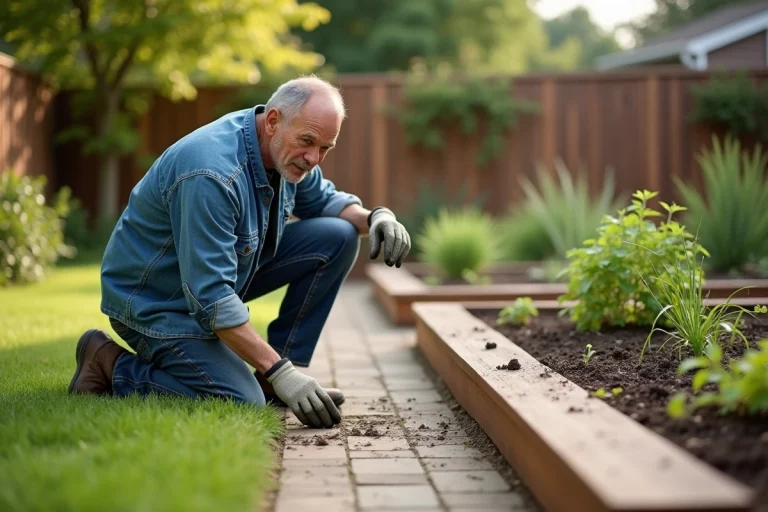 Homme moyenâge en jardinage inspecte duraboard dans jardin