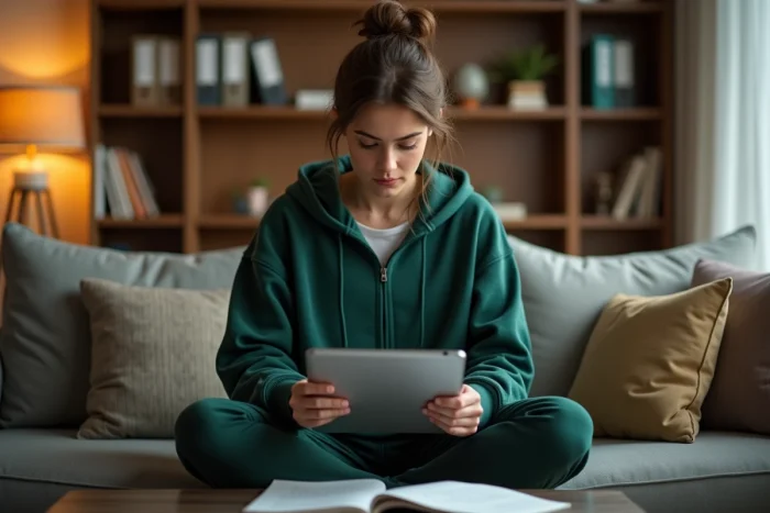 Jeune enseignante consultant son webmail académique sur une tablette depuis son domicile avec un carnet de notes ouvert