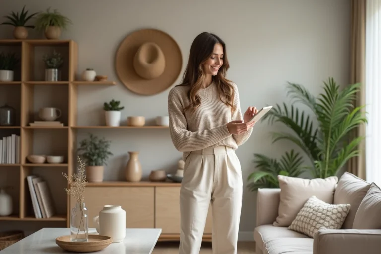 Jeune femme en intérieur moderne avec accessoires maison