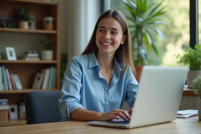 Jeune femme souriante au bureau moderne avec ordinateur