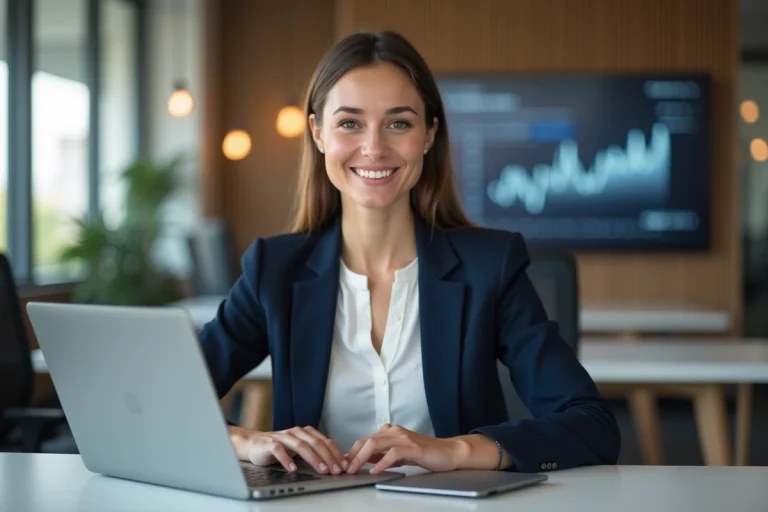 Femme professionnelle en bureau moderne avec ordinateur