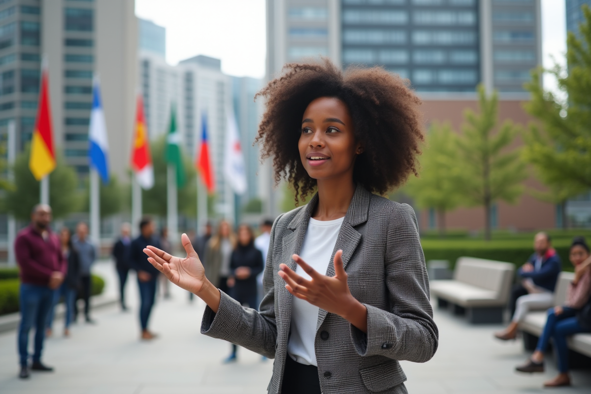 Jeune femme confiante parlant en extérieur à une audience