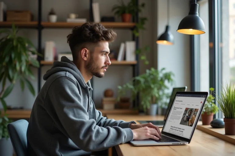 Jeune homme en hoodie travaillant sur son ordinateur dans un appartement lumineux