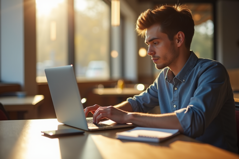 Jeune professionnel utilisant un ordinateur portable dans un café lumineux