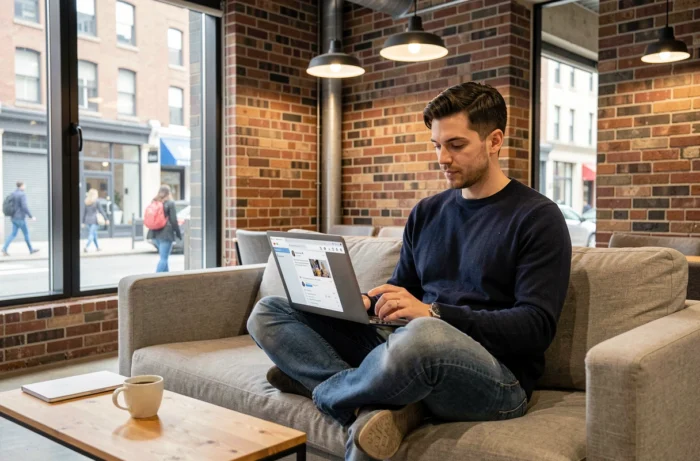 Jeune professionnel consultant des résultats de campagnes sur les réseaux sociaux dans un espace de coworking
