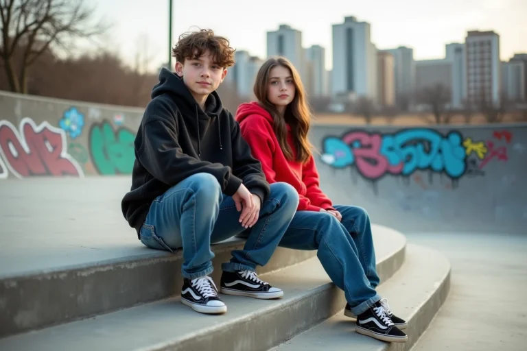 Jeune garçon et fille en hoodies dans un skatepark urbain