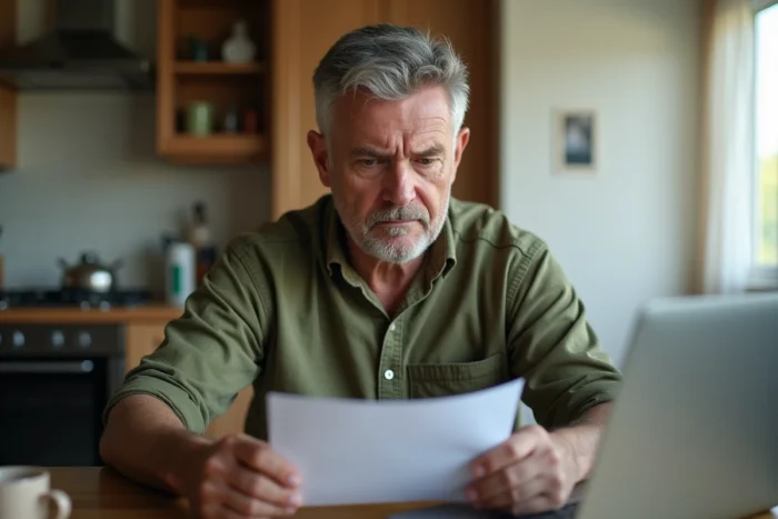 Homme lisant une lettre de refus de formation professionnelle de France Travail à son domicile
