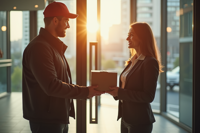 Livraison d'un colis à une femme d'affaires devant un bureau moderne