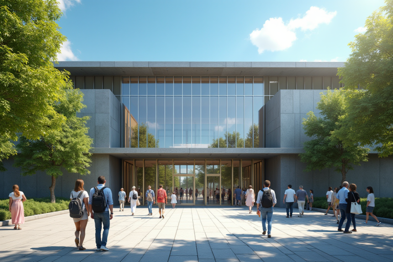 Extérieur d'une mairie moderne avec des gens actifs en ville