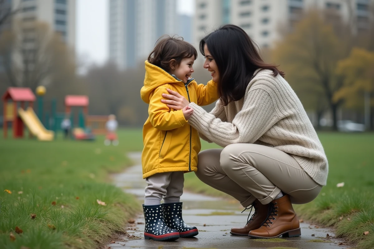 Mère et fille souriantes dans un parc urbain en pluie