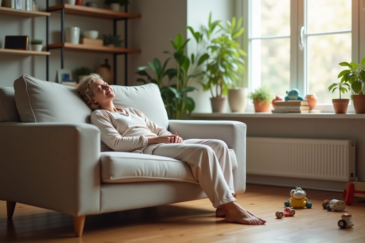 Maman en loungewear reposant sur un canapé lumineux