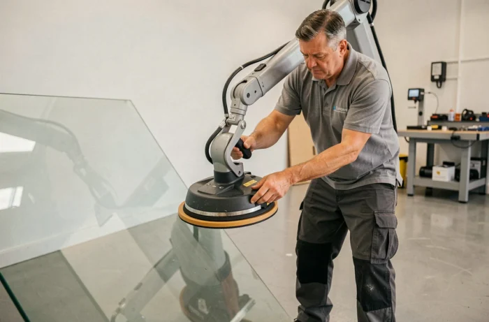 Technicien utilisant un bras de manutention ergonomique avec ventouse pour soulever et déplacer une charge lourde en atelier