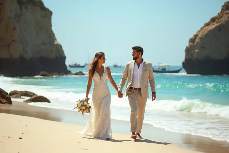 Jeune couple de mariés sur la plage de Cape Verde