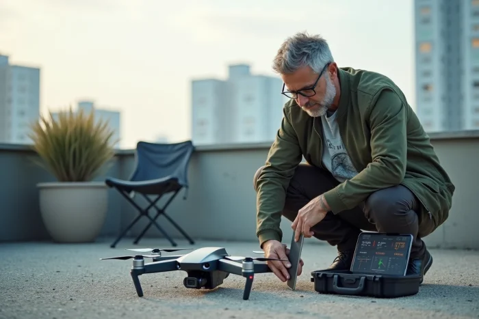 Passionné de technologie préparant son drone high-tech sur une terrasse urbaine avec vue sur la ville