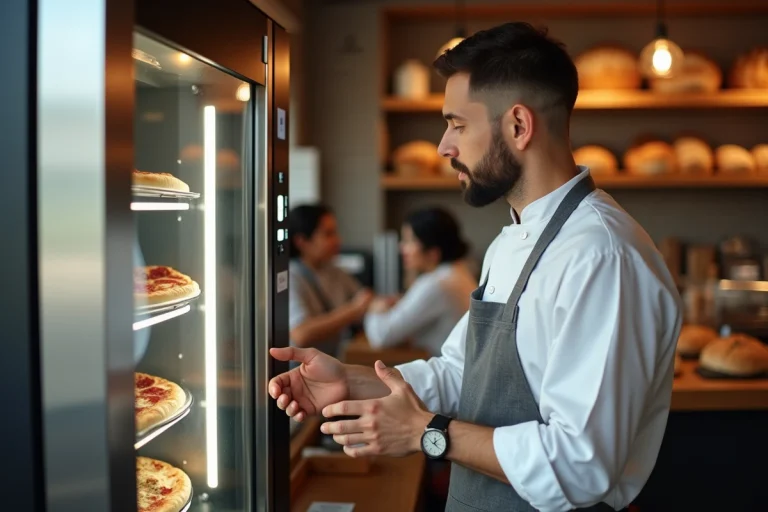 Vendeur de boulangerie vérifiant une machine à pizza moderne