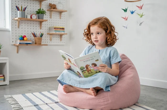 Petite fille lisant dans un pouf rose dans une chambre décorée avec un mur organisateur en bois et des plantes