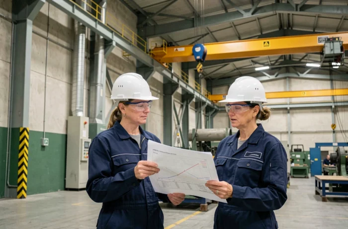 Deux ingénieures inspectant un système de pont roulant pour le transfert de charges lourdes dans une usine de fabrication