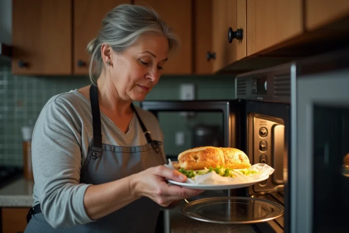 Femme plaçant un cordon bleu dans un micro-ondes ouvert dans une cuisine domestique