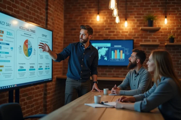 Professionnel du digital présentant les tendances web 2024 à ses collègues dans un espace de coworking technologique