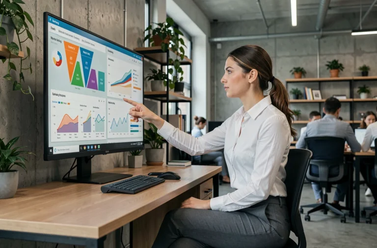 Professionnelle du marketing digital analysant des tableaux de bord analytiques sur un écran dans un bureau moderne