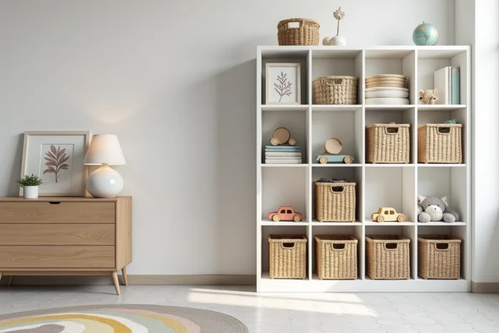 Rangements modulaires blancs dans une chambre d'enfant tendance avec paniers en osier, jouets en bois et tapis rayé