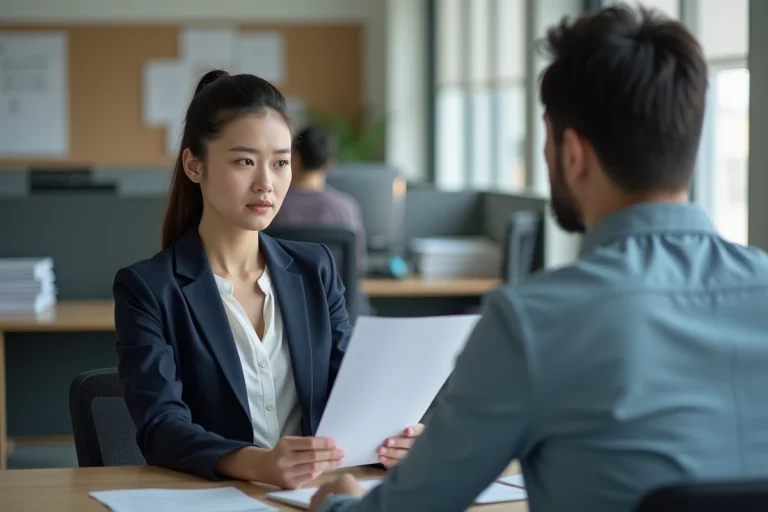 Femme consultant un conseiller France Travail pour comprendre un refus de demande de formation professionnelle