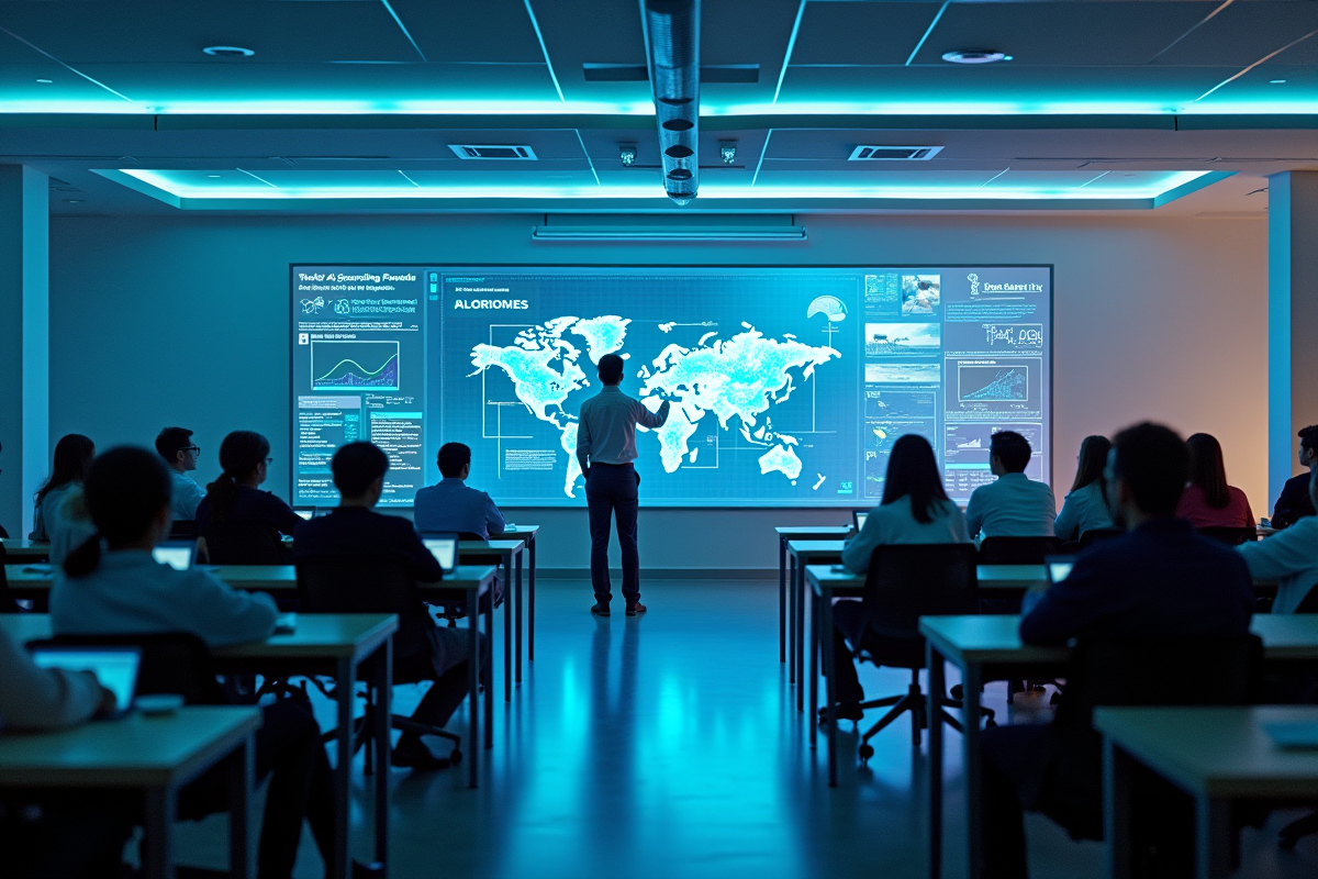 Salle de classe futuriste avec hologrammes interactifs et étudiants