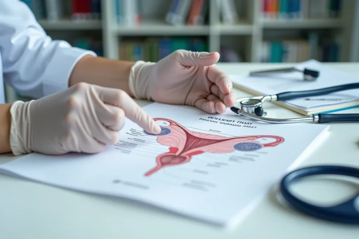 Médecin tenant un schéma anatomique du système urinaire féminin lors d'une consultation