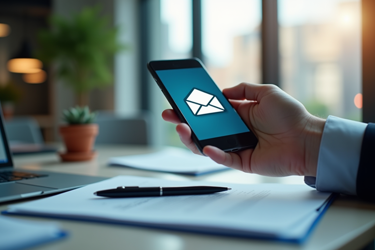 Smartphone affichant une interface de webmail sur un bureau bien rangé