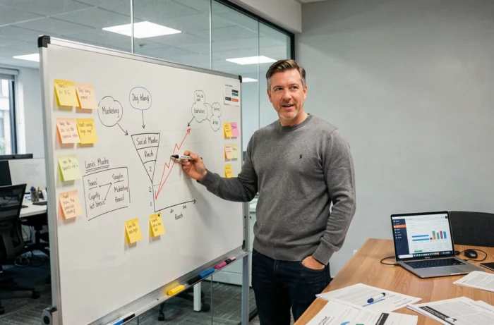 Chef de projet expliquant une stratégie de webmarketing et de visibilité digitale sur un tableau blanc lors d'une réunion en entreprise