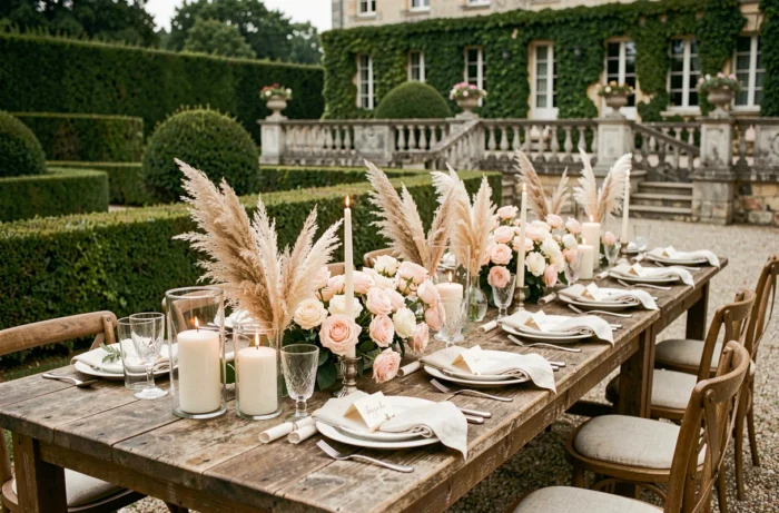 Table de réception de mariage décorée avec des fleurs de saison dans le jardin d'un château, organisée par Univers Mariage