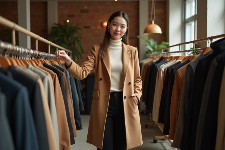 Femme élégante en manteau camel tendance dans une boutique de mode chic