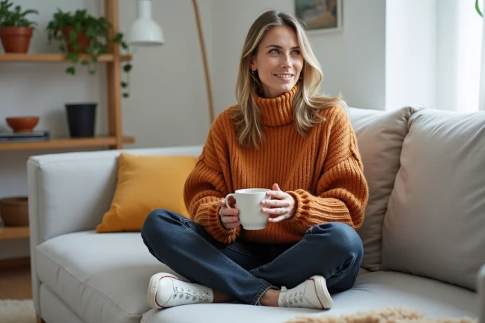 Femme décontractée en pull oversize tendance automne dans un intérieur scandinave