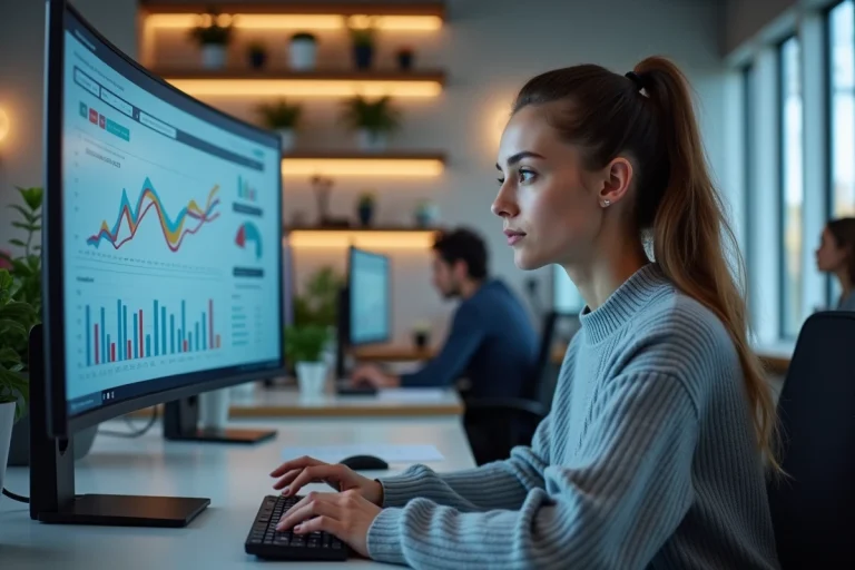 Jeune femme professionnelle analysant des tendances digitales et données web sur un écran courbe dans un bureau moderne