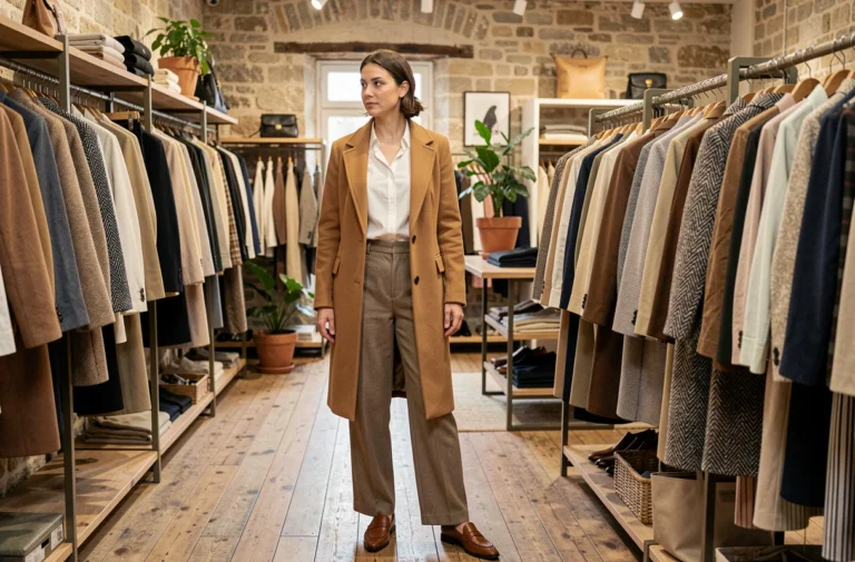 Femme élégante en manteau camel parcourant les rayons d'une boutique de mode parisienne au décor raffiné