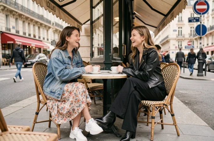 Deux jeunes femmes en tenues tendance attablées en terrasse d'un café parisien typique