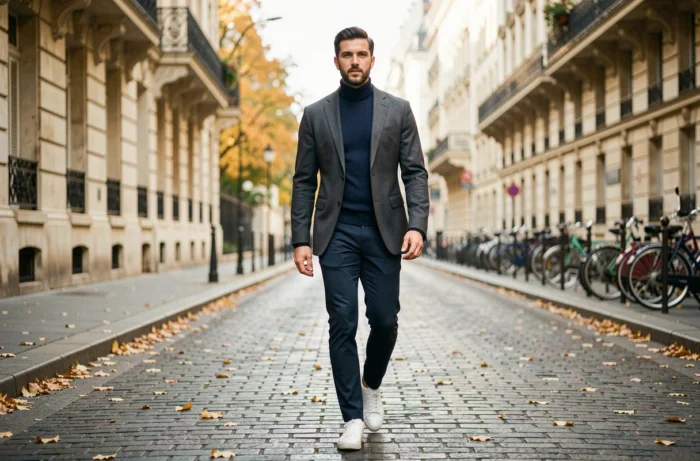 Homme stylé en blazer charcoal marchant sur un boulevard haussmannien parisien en automne