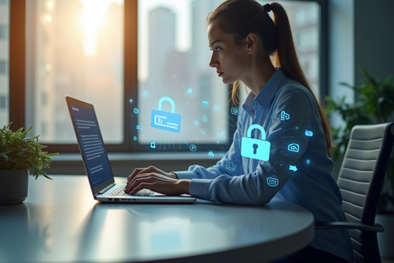 Employe de bureau utilisant un ordinateur pour la messagerie securisee