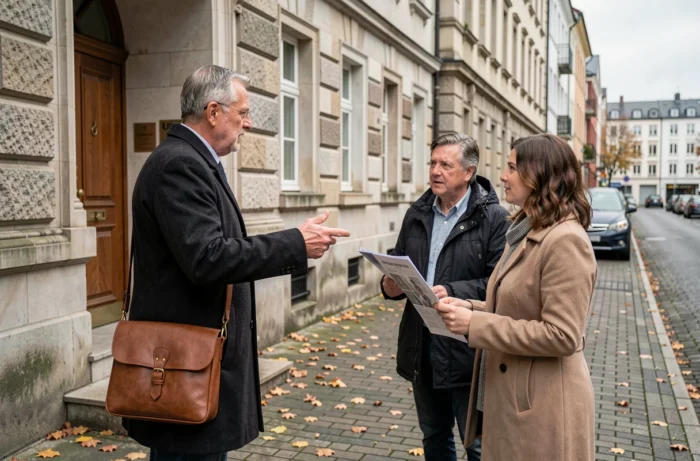 Agent immobilier présentant un immeuble résidentiel à des candidats locataires dans une rue urbaine
