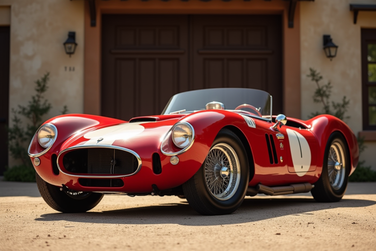 Voiture de sport rouge des années 1960 devant un garage vintage